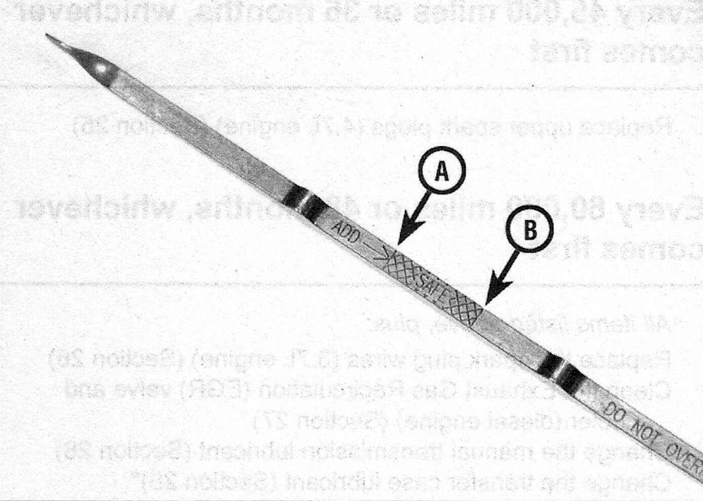 RAM Trucks On gasoline models, it takes one quart of oil to raise the level from ADD mark (A) to the FULL mark (B). On diesel models, it takes two quarts 