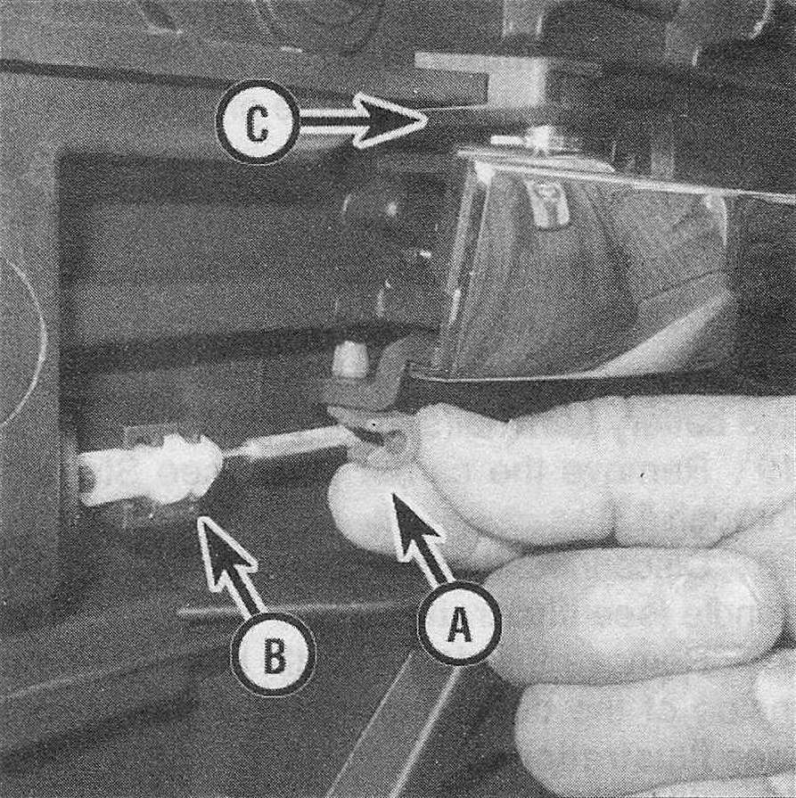 Ram Trucks Door carrier plate, latch, handles and lock cylinder - Detach the rod from the handle (A), pull the rod from the clip (B), then remove the screw (C) to remove the inside door handle