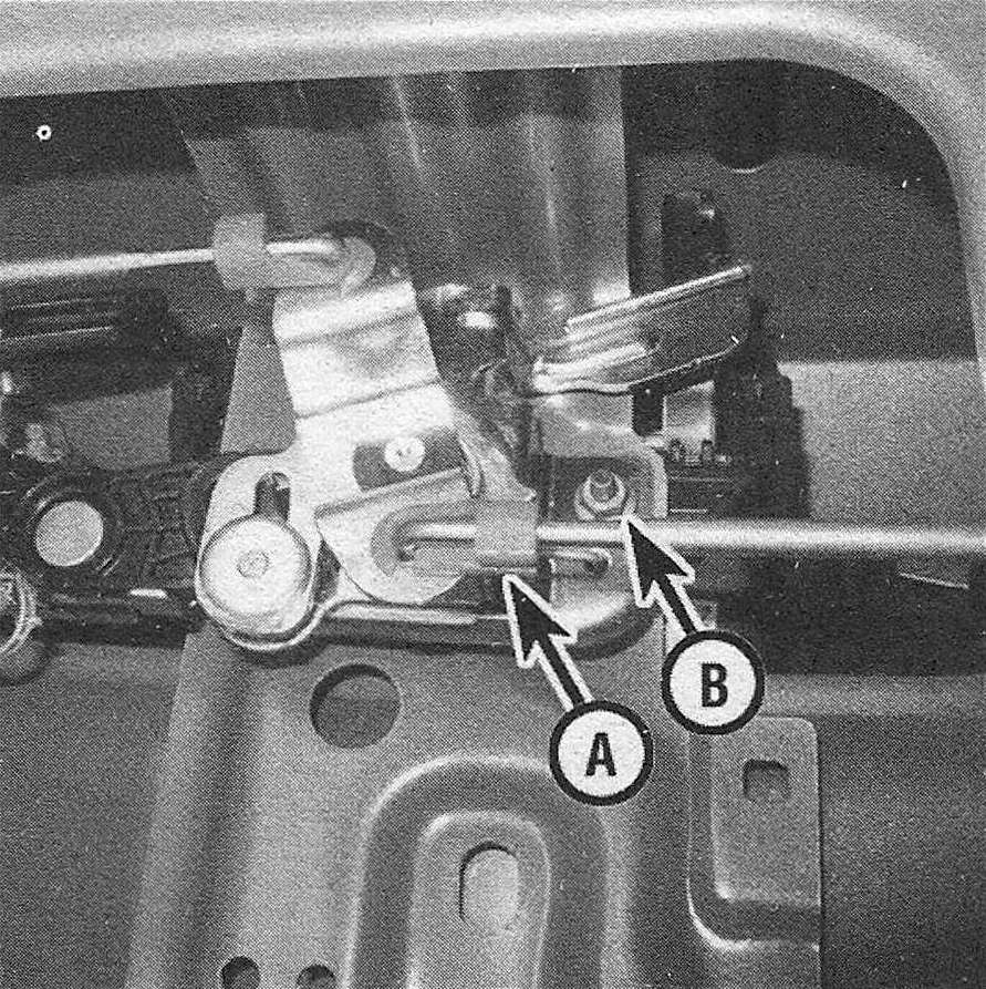 Ram Trucks Tailgate latch and handle - Disengage the handle-to-latch rods (A) and remove the handle retaining nuts (B)