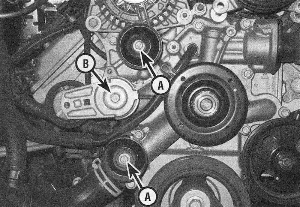 RAM Trucks Hemi engine Idler pulley mounting bolt (A) and drivebelt tensioner mounting bolt (B) locations on the timing chain cover