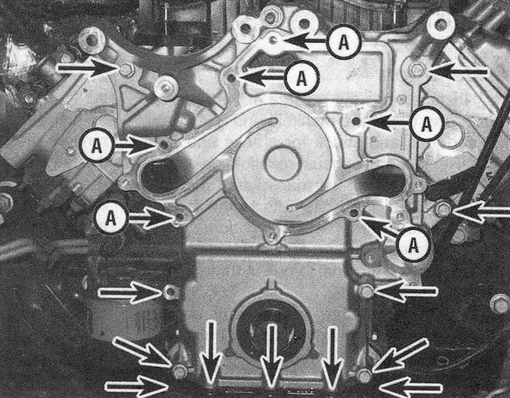 RAM Trucks Hemi engine Location of the timing chain cover mounting bolts - the bolt holes marked with an (A) secure the water pump as well as the timing chain cover