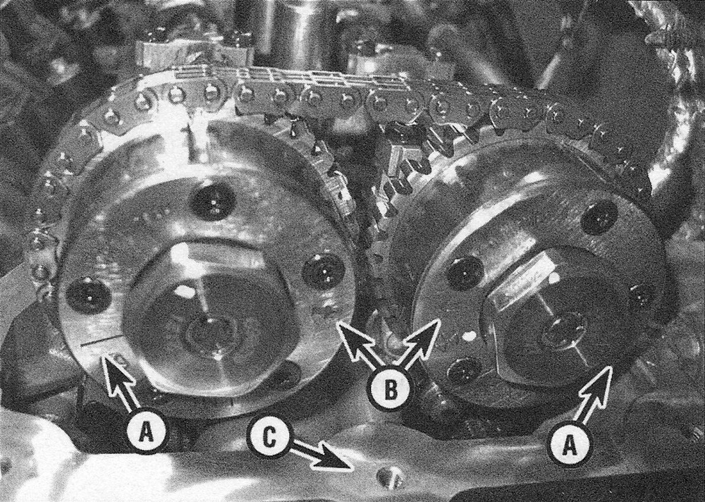 RAM Trucks 3.6L V6 engine With the engine at TDC #1, the left camshaft phaser scribe marks (A) should be pointing away from each other, the arrow marks (B) should be pointing towards each other in a straight line and that line should be parallel with the cylinder head surface