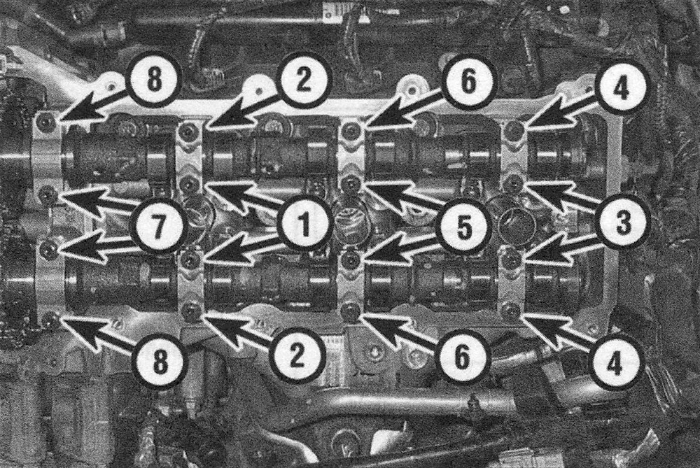 RAM Trucks 3.6L V6 engine Camshaft bearing cap tightening sequence — left side shown, right side is identical