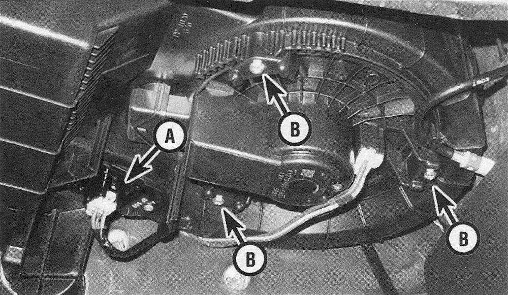 RAM Trucks Blower motor resistor (A) and mounting bolts (B)