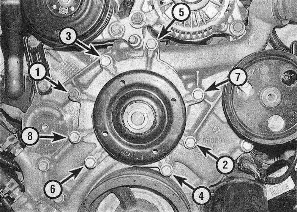 RAM Trucks Tighten the water pump bolts in a criss-cross pattern (3.7L V6/4.7L V8 engine shown)