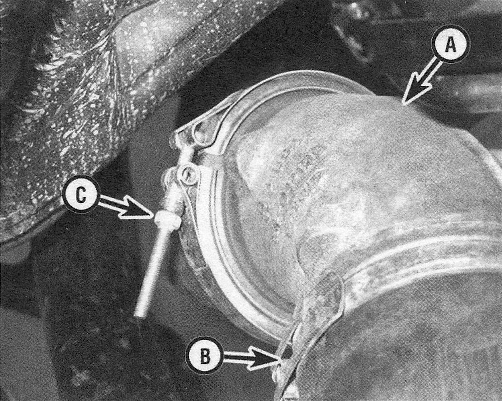 RAM Trucks Fuel and exhaust systems - diesel engine To disconnect the exhaust discharge elbow (A) from the turbocharger, loosen this clamp (B) and separate the elbow from the turbocharger. If you need more room, loosen the hose clamp (C) at the lower end of the elbow and remove the elbow entirely