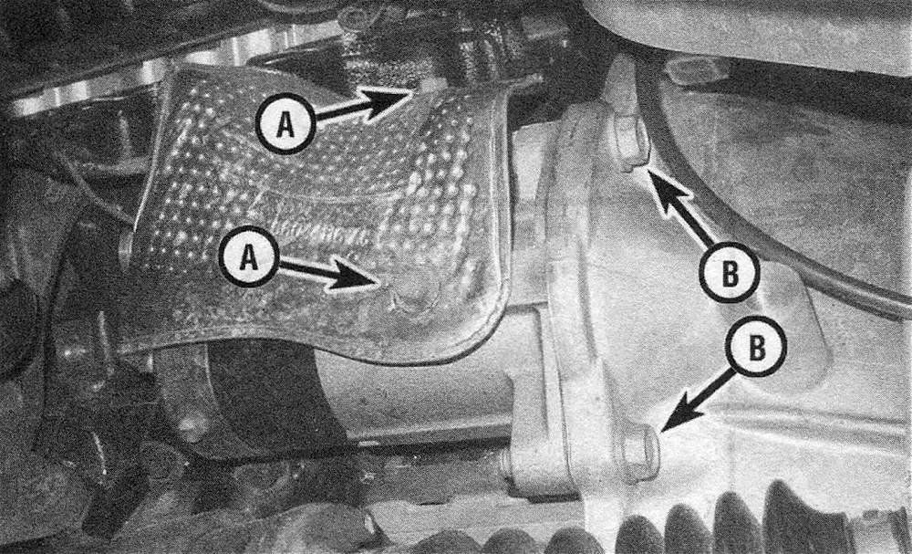 RAM Trucks Engine electrical systems If the starter motor is equipped with a heat shield, remove these two bolts (A) to detach it from the starter. To remove the starter from an automatic transmission (shown), remove these two bolts (B) (starter motor on 3.7L V6 with automatic and 4WD shown, starters on other 3.7L V6 engines and 4.7L V8 engines similar)