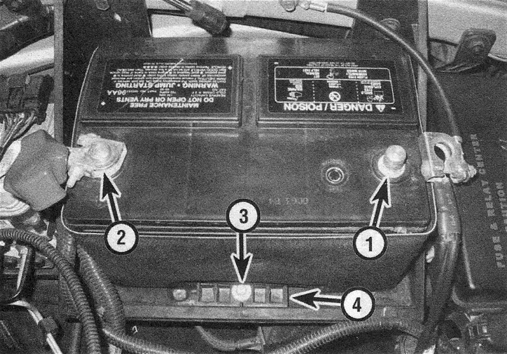 RAM Trucks Engine electrical systems When disconnecting the battery cables, always disconnect the cable from the negative terminal (1) first, then disconnect the cable from the positive terminal (2). After the battery cables are disconnected, remove the battery hold-down bolt (3) and the hold down clamp (4)