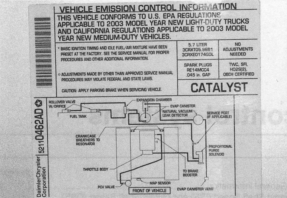 RAM Trucks The Vehicle Emission Control Information (VECI) label, located in the engine compartment, contains information on the emission devices installed on your vehicle and a vacuum hose routing schematic