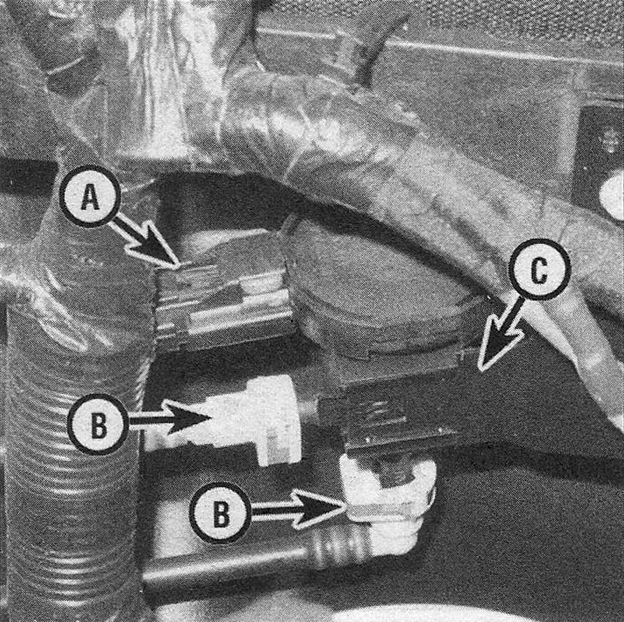 RAM Trucks Disconnect the EVAP canister purge solenoid electrical connector (A), disconnect the vacuum hoses (B) and disengage the solenoid from its mounting bracket (C)