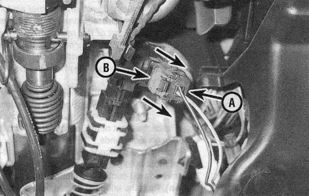 RAM Trucks Automatic transmission To disconnect the electrical connector (A) from the Brake Transmission Shift Interlock (BTSI) solenoid, slide the sliding lock toward you, then depress the button (B) on the slide lock and pull off the connector