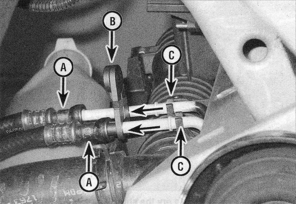 RAM Trucks  Automatic transmission To disconnect each transmission oil cooler line fitting (A), insert the special quick-connect release tool (B) into each fitting, push the tool into the fitting until it releases the locking fingers inside the fitting, then pull the two sides of the fitting apart. Once both fittings are disconnected, detach both lines from the clips (C) on the radiator side tank (typical assembly shown)